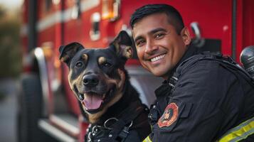 Firefighter with loyal rescue dog symbolizing teamwork and bravery in emergency services photo