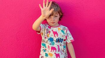 Young boy against vivid pink background raising hand for stop gesture photo
