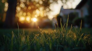 Lush green grass in focus with sunlight in background during sunrise or sunset photo