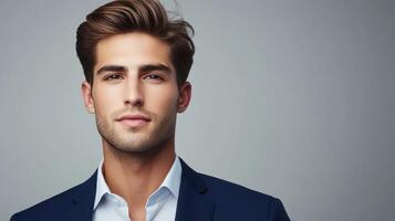 Confident man in suit exuding professionalism and style against gray background photo