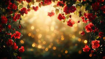Vibrant red flowers hanging from lush green vine with warm bokeh lighting effects photo