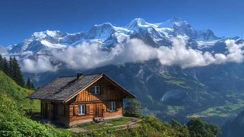 A Mountain Retreat Beneath Snow-Capped Peaks and Floating Clouds photo