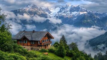 Quiet Cottage Below Snow-Capped Mountains and Wispy Clouds photo