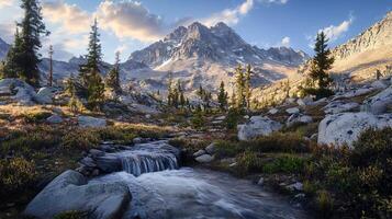 Gorgeous Mountain View with a Crystal Clear Stream in Realistic Focus photo