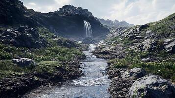 Crystal Clear Stream Flowing Through a Stunning Photorealistic Mountain View photo