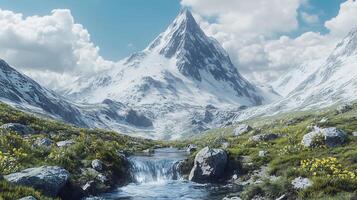 Vibrant Mountain Landscape with a Crystal Clear Winding Stream photo