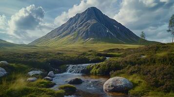 Realistic Mountain Scenery with a Beautiful Stream Flowing Through the Valley photo