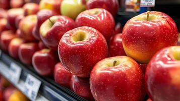Glossy red apple featured prominently in a grocery store setup photo