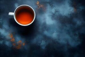 Serene Tea Ritual on Rustic Blue Surface for Relaxation and Contemplation photo