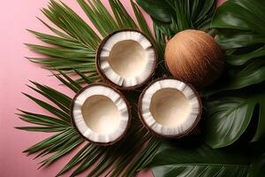 Tropical Summer Concept with Fresh Coconuts and Palm Leaves for Natural Design Inspiration photo