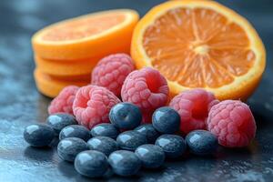 Fresh Fruit Arrangement Featuring Raspberries, Blueberries, and Orange Slices for Healthy Lifestyle Concepts photo