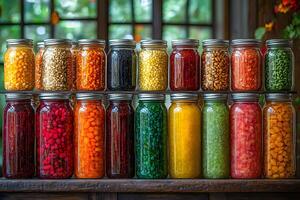Colorful Display of Preserved Vegetables in Glass Jars for Home Storage and Decoration photo