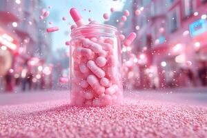 Exploding Pink Capsules in Urban Scene for Health and Science Concepts photo