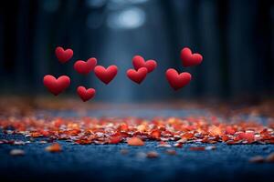 Romantic Autumn Mood with Floating Hearts on Leaf-Covered Pathway photo