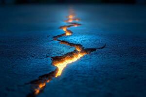 Glowing Crack on Asphalt Surface - Symbol of Energy, Tension, and Environmental Impact photo
