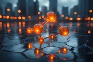 Futuristic Molecular Structure on Wet Surface in Urban Nightscape for Science and Technology Design photo