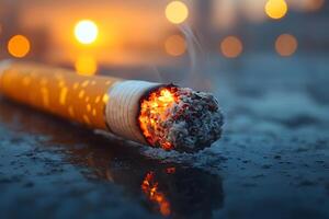 Burning Cigarette on Asphalt at Sunset - Urban Life Concept Design for Print, Poster, Card photo