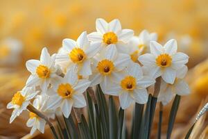 Blooming White Daffodils in a Sunny Field - Spring Nature Backdrop for Design photo