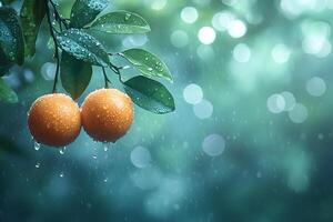 Fresh Oranges on Tree Branch in Rainy Atmosphere for Nature Design photo