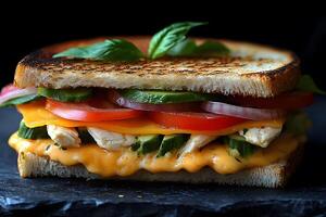 Delicious Grilled Cheese and Chicken Sandwich with Fresh Vegetables photo