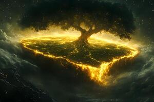 Enchanted Nightscape with Ethereal Tree, Floating Island, and Glowing Lava in Fantasy Realm photo