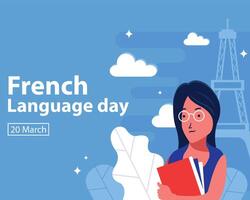 illustration graphic of girl in glasses hugging a book, showing the silhouette of the eiffel tower as a background, perfect for international day, french language day, celebrate, greeting card. vector