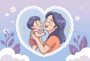 Mother and child in heart shaped frame vector