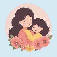 Mother and child hugging in a flower circle vector