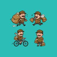A charming collection of postman cartoons captures the joy of mail delivery. Watch him merrily carry bags of letters, cycle along, and even hum a happy tune vector