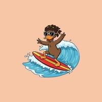 A stylish duck with dreadlocks and sunglasses enjoys a thrilling surf session, riding a vibrant wave with joyful abandon. Summer vibes vector
