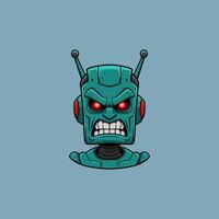 A teal robot's furious face glares, red eyes blazing. Retro cartoon style, intense expression. Perfect for gaming vector