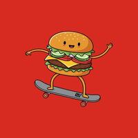 A cheerful cartoon burger, complete with toppings, joyfully rides a skateboard against a vibrant red background. Fun, playful, and full of energy vector