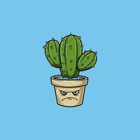 A prickly cactus with a grumpy face sits in its terracotta pot. The cartoon style is playful yet slightly menacing a fun, quirky design vector