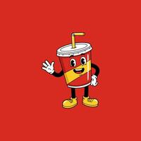 A cheerful soda cup character waves hello Red cup, yellow stripe, straw, and happy expression create a fun, retro vibe. vector