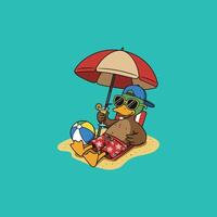 A stylish duck enjoys a relaxing beach day under an umbrella, sipping a cocktail. Beach ball and summer vibes abound It a fun, carefree illustration vector