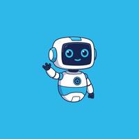 A cute, cartoon robot waves hello Its friendly blue and white design and bright smile create a happy, inviting mood. vector