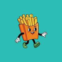 A cheerful cartoon french fry container strolls along, its golden fries overflowing with joy Retro style, fun mood vector