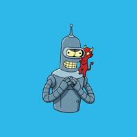 A mischievous little devil playfully teases a grumpy Bender robot, creating a fun, cartoonish scene with a touch of dark humor. The contrast is delightful vector