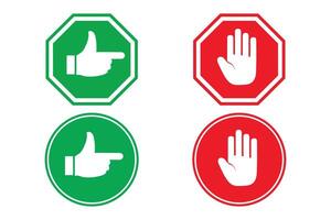 Stop and Go Signs in Green and Red Hand Symbols for Guidance and Prohibition. vector