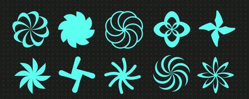 Vintage streetwear rave swirl symbol collection, cyber geometry spiral 90s figure design, techno groovy star shape , futuristic y2k rotation element aesthetic, geometric blue neon icon set. vector