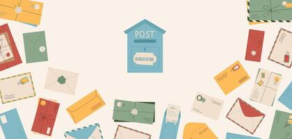 Cartoon mail and letters background template, flat style paper postcard subscribe design, trendy mailbox and postcard illustration, creative craft open and sealed envelope design. vector