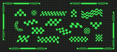 Cyber geometry checker form rave aesthetic set, geometric trendy groovy checkerboard icon, space trippy 90s check element , psychedelic y2k figure collection, modern techno acid shape design, vector