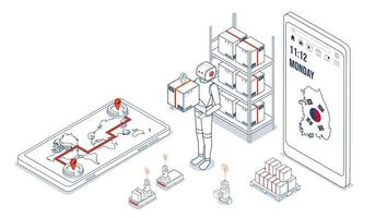 South Korean logistics leverages autonomous robots and AGVs to enable cost-effective, sustainable global operations with efficient digital-physical order fulfillment. vector