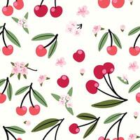 Modern abstract cherries and flowers design with seamless Fruits pattern and unique textures, ideal for fabric, stationery, and home decor. vector