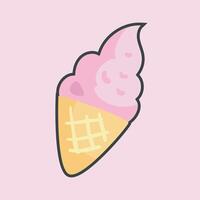 strawberry ice cream cone with outline flat design. vector