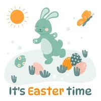 Happy Easter greeting card. Easter bunny runs with his paws open on the grass. vector