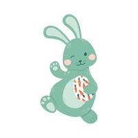 Cute bunny waves its paw and holds a painted egg. Funny rabbit. vector
