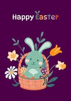 Easter greeting card. Bunny sits in a wicker basket with colorful Easter eggs on a background of flowers. vector