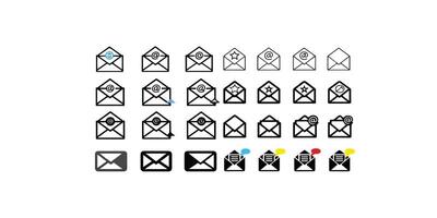 Print Email icon set features envelopes, notifications, and at symbols. Ideal for messaging apps, communication designs, and email marketing vector