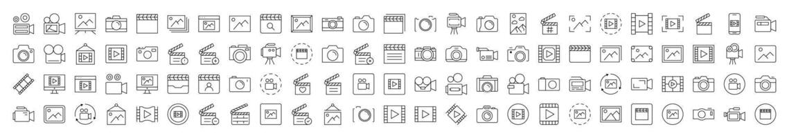 Clapperboard, Photo Camera, Movie, Picture Line Icon Pack. Editable Stroke. Minimalistic Linear Pictogram for Design of Cards, Apps, Banners, Posts vector